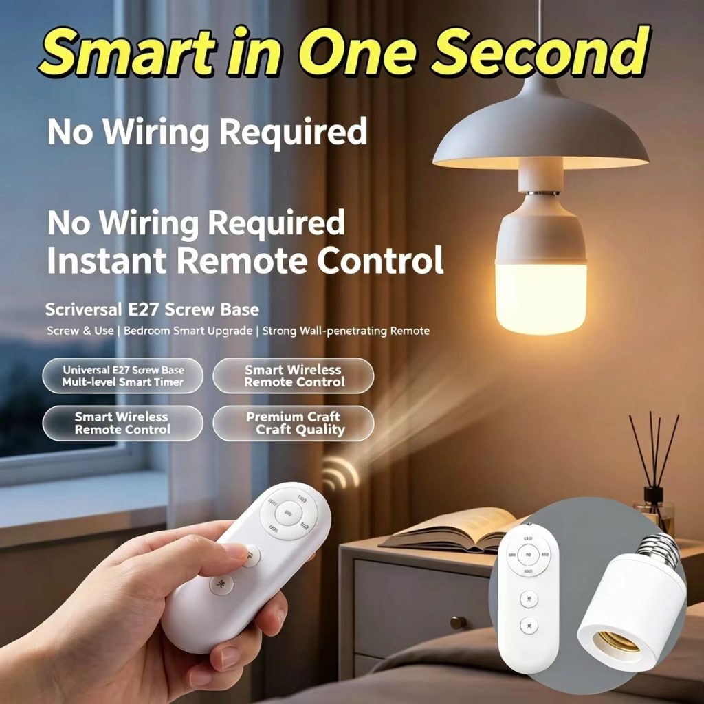 E27 Wireless Remote Control Lamp Holder, No Wiring, Simple and Convenient Installation, Wall-piercing Wireless Remote Control, Multi-level Timing, Adjustable White & Warm Light, Turn Ordinary Lamps into Smart Lights with One Click